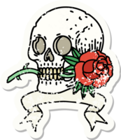 worn old sticker with banner of a skull and rose png