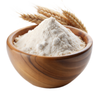 Wooden bowl full of flour with wheat stalks png