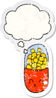 cartoon pill with thought bubble as a distressed worn sticker png