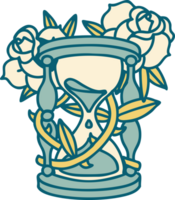 iconic tattoo style image of an hour glass and flowers png