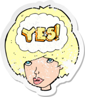 retro distressed sticker of a cartoon woman thinking yes png