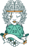 Retro Tattoo Style elf barbarian character face with natural twenty dice roll png