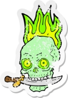 retro distressed sticker of a cartoon pirate skull with knife in teeth png