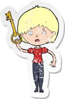 retro distressed sticker of a cartoon woman with key png