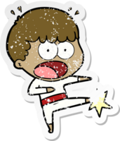 distressed sticker of a cartoon boy karate kicking png