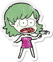 distressed sticker of a cartoon shocked alien girl with ray gun png