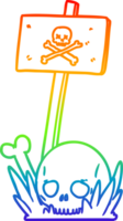 rainbow gradient line drawing of a cartoon skull bones and warning sign png