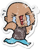 distressed sticker of a cartoon crying bald man png