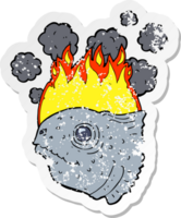 retro bedrövad klistermärke av en tecknad serie brinnande fisk huvud png