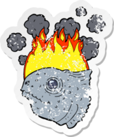 autocollant rétro en détresse d'une tête de poisson en feu de dessin animé png