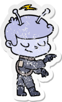 distressed sticker of a friendly cartoon spaceman pointing png