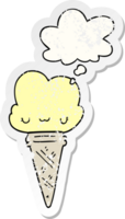 cartoon ice cream with face with thought bubble as a distressed worn sticker png