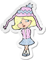 retro distressed sticker of a cartoon happy girl wearing hat png