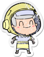 distressed sticker of a happy cartoon astronaut man png