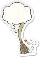 cartoon magic broom with thought bubble as a distressed worn sticker png