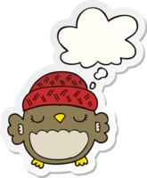 cute cartoon owl in hat with thought bubble as a printed sticker png