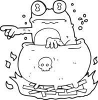 hand drawn black and white cartoon halloween toad in cauldron png