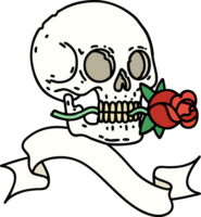 traditional tattoo with banner of a skull and rose png