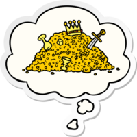 cartoon pile of treasure with thought bubble as a printed sticker png