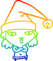 rainbow gradient line drawing of a girl wearing christmas hat png