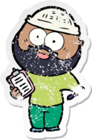 distressed sticker of a cartoon bearded man with clipboard and pen png