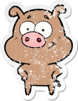 distressed sticker of a happy cartoon pig png