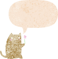 cute cartoon cat with flower with speech bubble in grunge distressed retro textured style png
