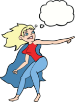 mulher de super-herói dos desenhos animados apontando com balão de pensamento png