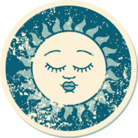 iconic distressed sticker tattoo style image of a sun with face png