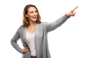 A cheerful woman gestures to something out of frame png