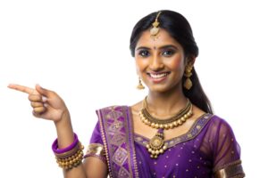 Smiling woman dressed in a sari with jewelry, gesturing to her right png