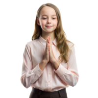 Young girl in peaceful prayer pose with closed eyes png