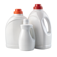 A trio of laundry detergent jugs, two large and one small, isolated on transparent png