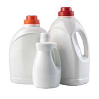 A trio of laundry detergent jugs, two large and one small, isolated on transparent png