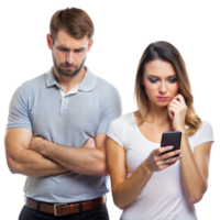 Man looking concerned while woman checks her phone, hinting at relationship tension png