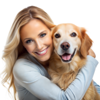 A cheerful woman hugs her happy dog against a transparent background png