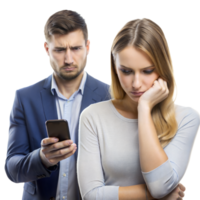 Man suspiciously looks at womans phone as she seems troubled png