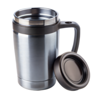 Stainless steel travel mug with its lid detached, shown isolated on transparent png