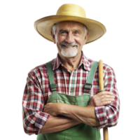 äldre herre jordbrukare stående med en skyffel, leende varmt png