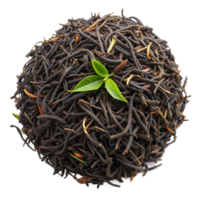 Heap of dried black tea leaves with green tea leaf png