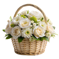 A basket filled with white roses and assorted blooms creates a classic bouquet png