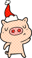 hand drawn comic book style illustration of a content pig wearing santa hat png