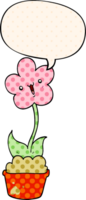 cute cartoon flower with speech bubble in comic book style png