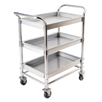 Stainless steel utility cart with three shelves on wheels png
