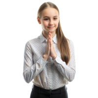 Young girl with polite gesture in smart casual attire png