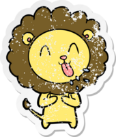 distressed sticker of a happy cartoon lion png