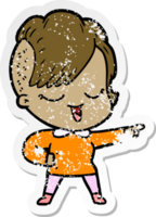 distressed sticker of a happy cartoon girl pointing png