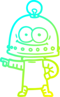 cold gradient line drawing of a happy carton robot with light bulb png