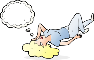 cartoon woman lying on floor with thought bubble png