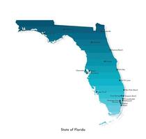 isolated simplified illustration with map of State of Florida, USA in blue gradient colors. Tags with big cities. White background. vector